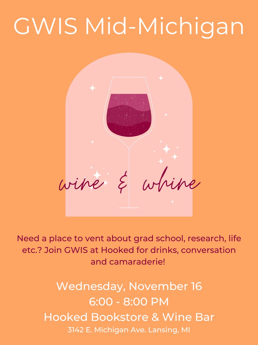 GWIS Mid-Michigan (@gwismidmi) on Twitter photo Fall semester got you down? Join us for some friendship and some 🍷 at Wine and Whine night next Wednesday at <a href="/hookedlansing/">hookedlansing</a> wine/coffee bar!
Space is limited so please register if you plan to attend: ow.ly/r2mp50LAGMN Fall semester got you down? Join us for some friendship and some 🍷 at Wine and Whine night next Wednesday at <a href="/hookedlansing/">hookedlansing</a> wine/coffee bar!
Space is limited so please register if you plan to attend: ow.ly/r2mp50LAGMN