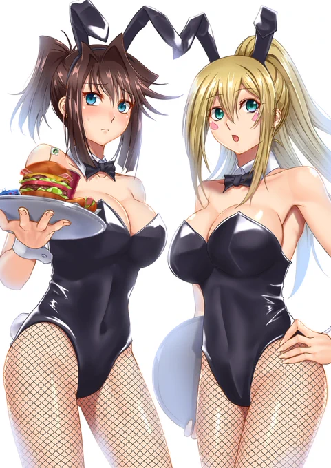 過去イラスト解説⑤・バニーガールは情報量少なくて描くのがめちゃくちゃ楽・キャラの髪形を弄るのはとても楽しい・網タイツは格子模様をクリスタのメッシュ変形で弄ってみたけどあまり効果なかった・料理は杏子ならハンバーガーやろ&CaféNagiの旗&ホットドッグ&コポコポしてるドラギアスカレー 