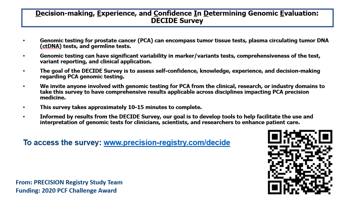 Involved with genomic testing in prostate cancer? Please take our survey precision-registry.com/decide - it is for anyone in clinical, research, or industry domains. Thank you to everyone who has already helped in disseminating. Please spread far and wide! Supported by @PCF_Science