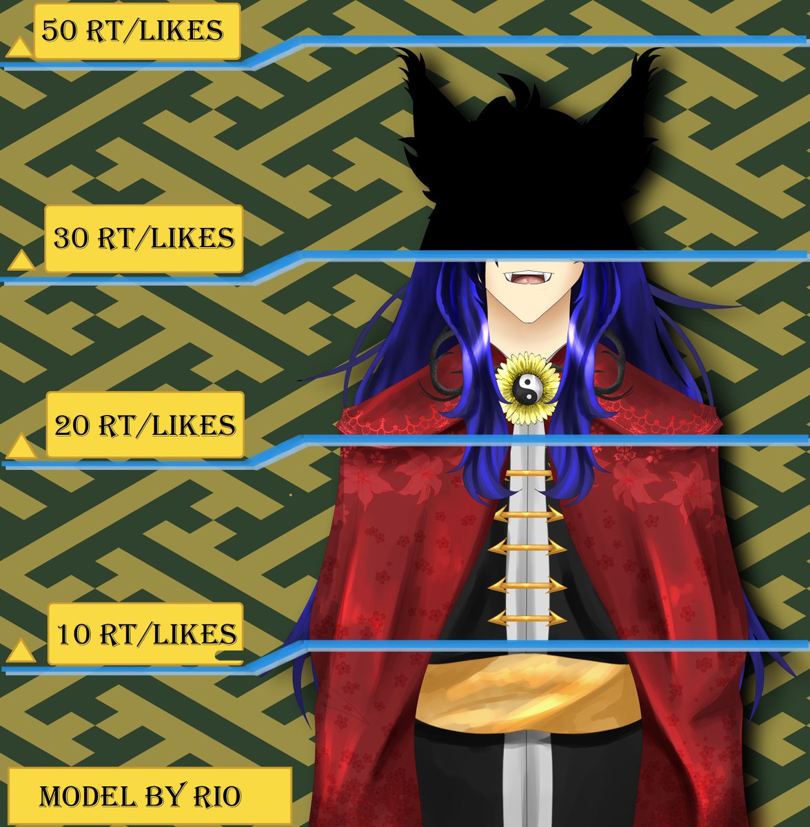 You guys are SO amazing! Where do you keep popping up from!? Thankyou! 
Lots of fun details so enjoy! The neck piece is full of  symbolism, but you'll have to wait until debut time to see why :3

Last goal is a big stretch but I believe! 
#VtubersEN #VTuberUprising #VtuberDebut