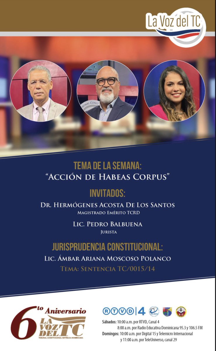 Este fin de semana en La voz del Tribunal Constitucional conversamos con los profesores <a href="/hbacostas/">Hermógenes Acosta</a> y <a href="/pbalbuena/">pedro balbuena</a> sobre el habeas corpus y <a href="/AmbarMoscoso/">Ambar Aniana♥</a> nos comparte jurisprudencia en la materia. Be there and aloha 🤙
