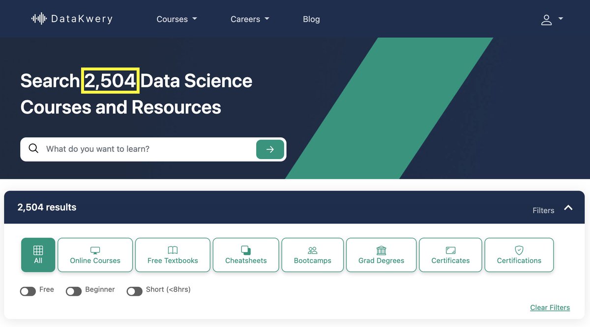 DataKwery's tweet photo. You can now filter more than 2,500 data science courses on DataKwery!

🚀 Start learning for free today 🚀 
#Python #RStats #AllTheTools #AllTheTechniques

🔗 https://t.co/eKtuoyLgA2 https://t.co/MIIkzYVs92