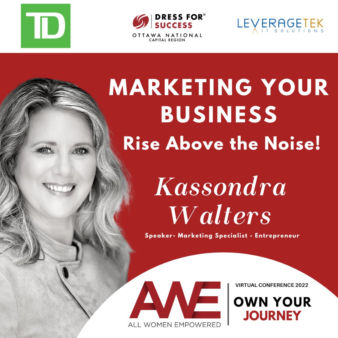 7-8pm EST: Marketing Your Business with <a href="/kass_o_walters/">Kassondra Walters</a>. 

Kassondra, Integrated Marketing Specialist for <a href="/AdCaffeine_/">Ad Caffeine</a>, will teach you how to develop a marketing strategy, use social media to your advantage &amp; focus your time when growing your business.

ottawa.dressforsuccess.org/awe-2022