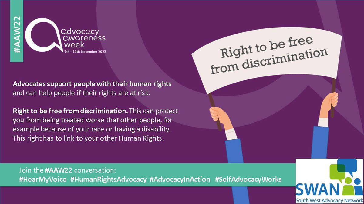 SWANadvocacy's tweet photo. It’s the final day of #AdvocacyAwarenessWeek &amp; we’re looking at the right to be free from discrimination 

This can protect you from being treated worse than other people, for example because of your race or having a disability

This right has to link to your other Human Rights https://t.co/gfOJ22oNfF