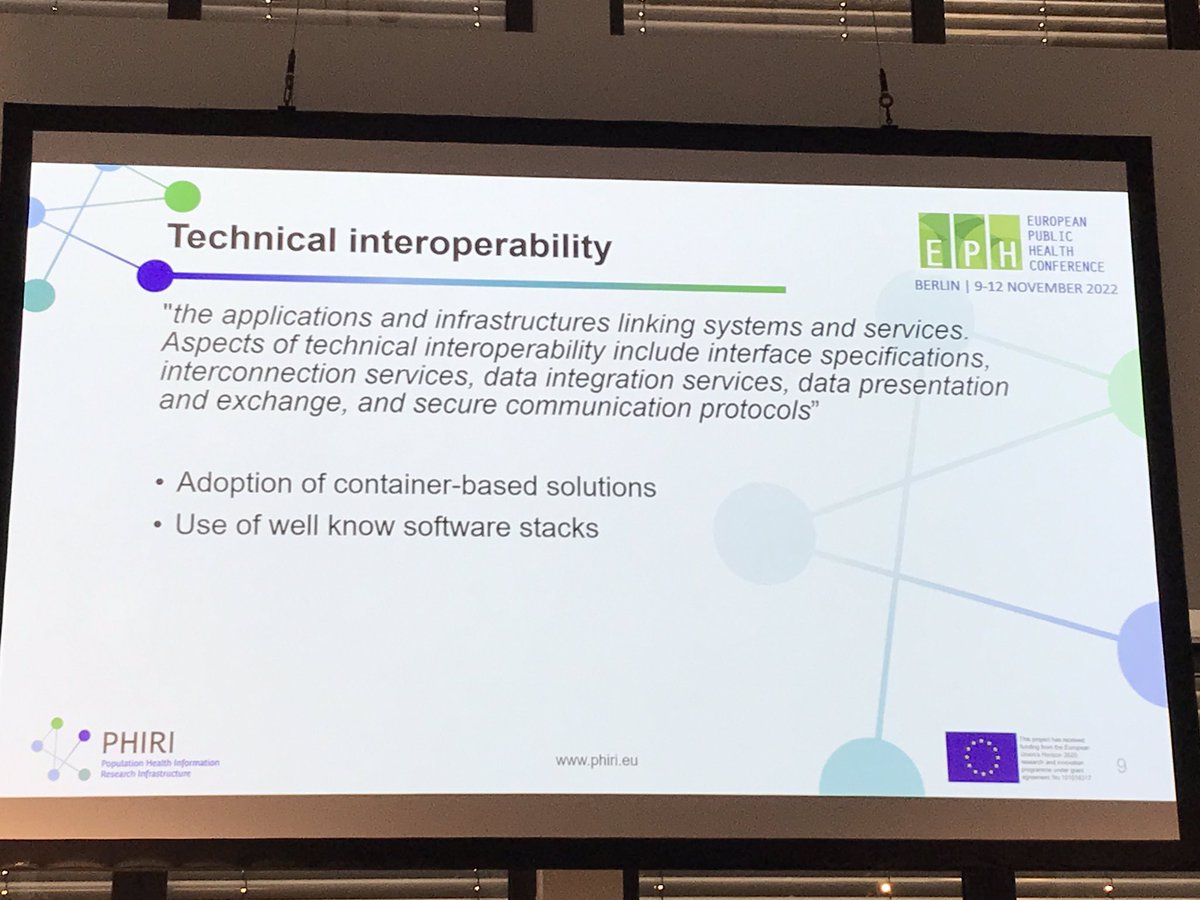 Four levels of interoperability include 1️⃣ Legal interoperability 2️⃣ Organizational interoperability 3️⃣ Semantic interoperability 4️⃣ Technical interoperability #EPH2022 @PHIRI4EU