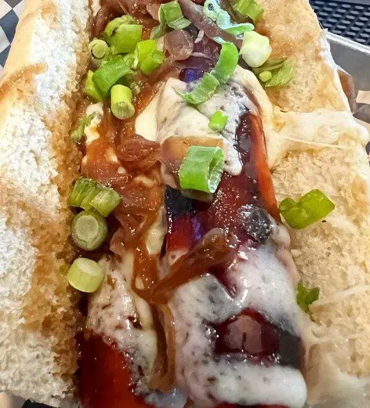 Sahlens's tweet photo. In the true spirit of Fall #comfortfoods, @theacrepa presents this sizzling #FrenchOnion #Mozzarella #HotDog featuring the one & only #Sahlen #Smokehouse Hot Dog. How can you top that?! https://t.co/mLkOqmwW15