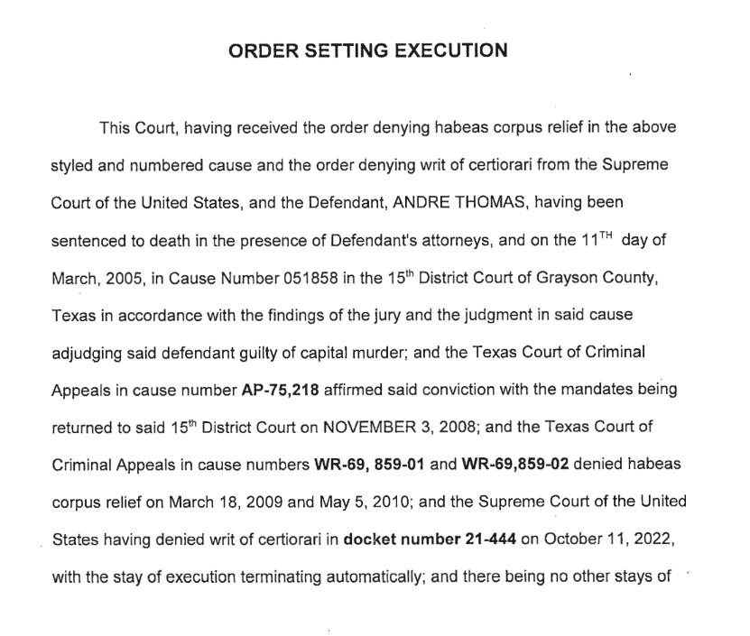 keribla's tweet photo. #breaking Texas has set an execution date for Andre Thomas - the death row prisoner so mentally ill that he gouged out both his eyes and ate one. 

He has argued that he is too mentally ill to execute, but apparently the Texas courts still saw fit to set an execution for April 5. https://t.co/rMrpxGGpFW