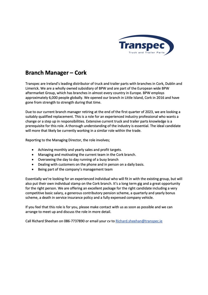 Due to an upcoming retirement, we’re looking for a Manager for our Cork branch. Great opportunity. Get in touch if it’s for you.