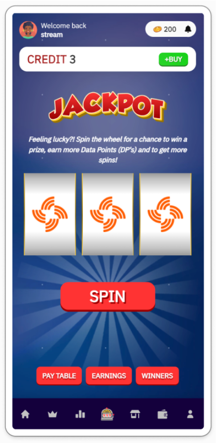 Streamr's tweet photo. You can also use points to buy credits and spin the jackpot for bonuses in points, swag, NFTs, and other mystery surprises 🔮! https://t.co/dTzWRozGiM