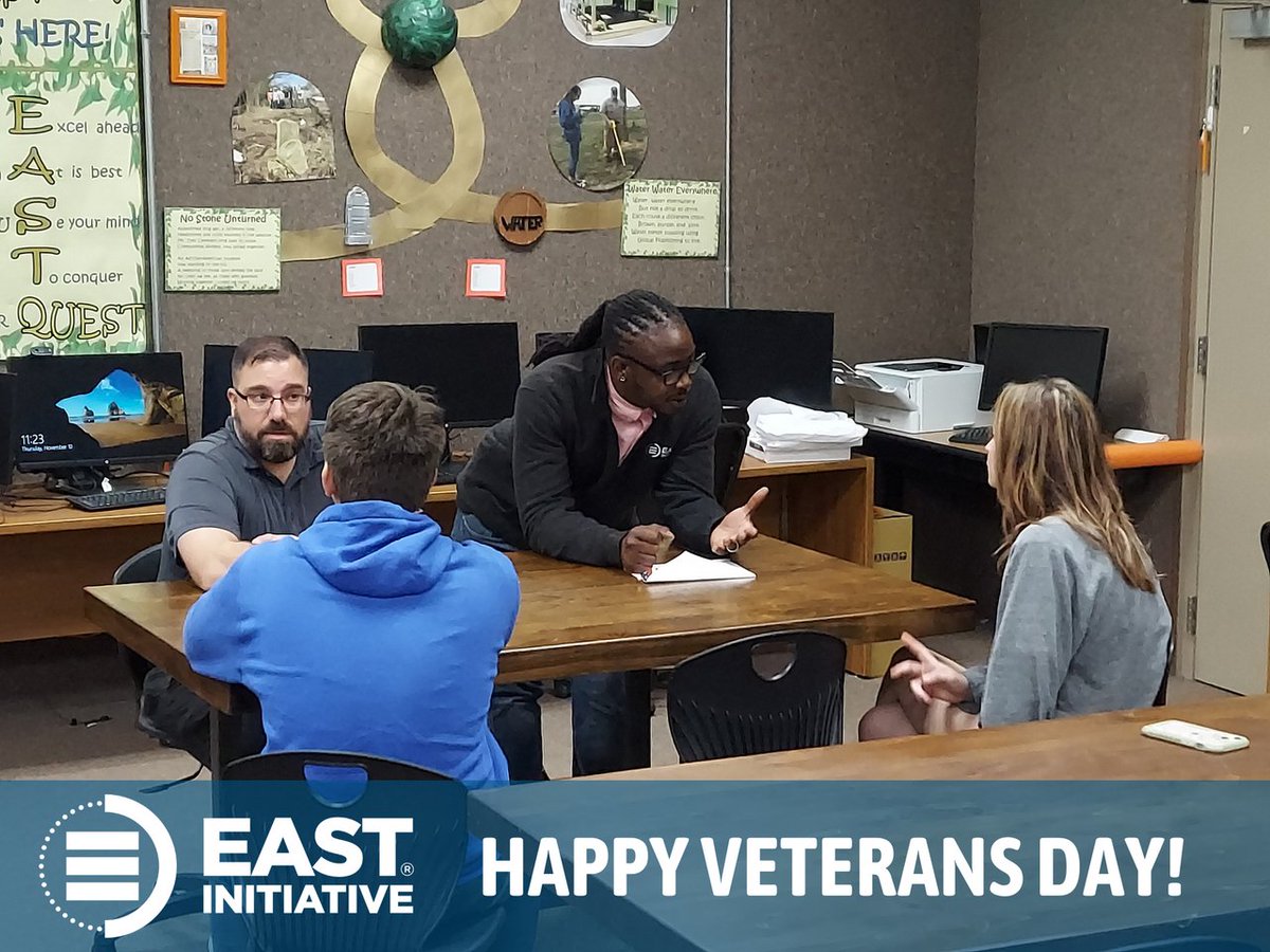 EASTinitiative's tweet photo. EAST at South Side Bee Branch High School invited Leigh and Q from EAST Staff to speak at their Veterans Day program yesterday.
Please join us in thanking Leigh, Q, and all Veterans for their bravery and service. #EASTProud https://t.co/f4VqRBwJvH