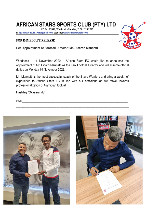 african_StarsFC's tweet photo. BREAKING NEWS!
@african_StarsFC appoints Mr. Ricardo Mannetti as the new Football Director.
#Okaserandu https://t.co/9P7FaHsVnH