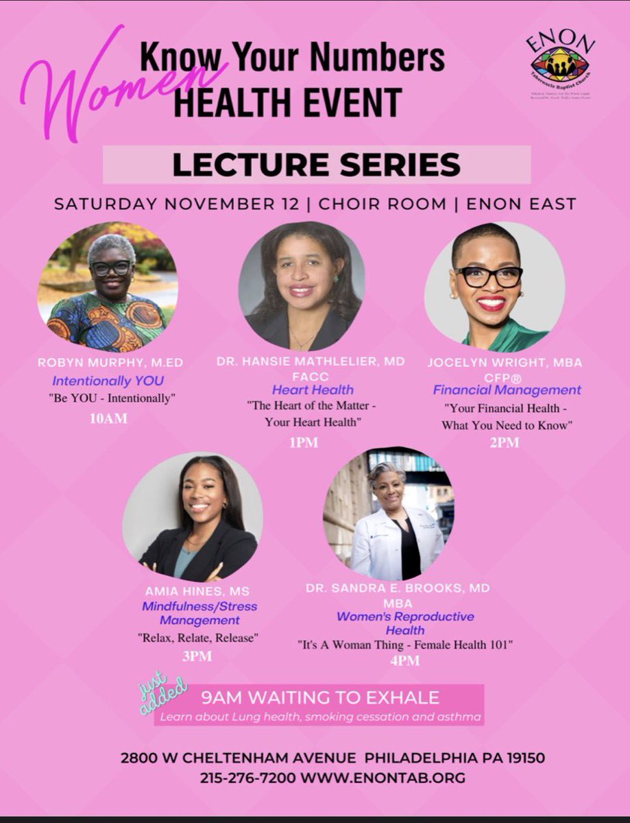 Join us tomorrow for Women Know Your Numbers at Enon East from 8 am - 9 pm. We are holding a lecture series from 9 am to 4 pm and two amazing panel discussions at 11:30 am and 5 pm!!