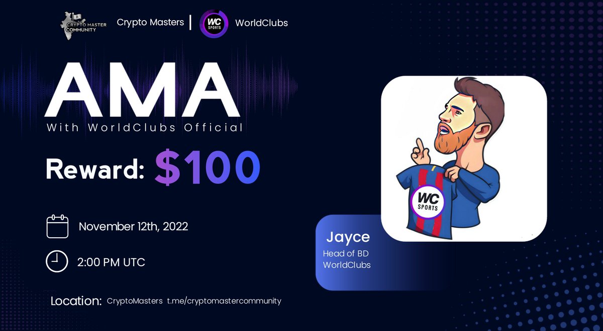 CryptoMasterCom's tweet photo. Crypto Masters Will host an #AMA Session with @WorldClubsBSC on 12 November 2022 at 2:00 PM UTC

🏡 Venue - https://t.co/Z9uJUFZAxI

💰 Reward:- 100$
📌Rules
💠 Follow @WorldClubsBSC &amp; @CryptoMasterCom 
💠 Like and Retweet 
💠  Post Questions https://t.co/KLDFEyfccj