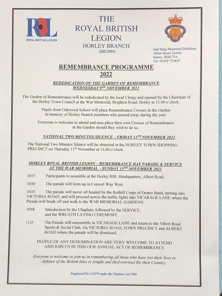 A reminder of details for Sunday’s service of Remembrance in Horley, Surrey

#wewillrememberthem