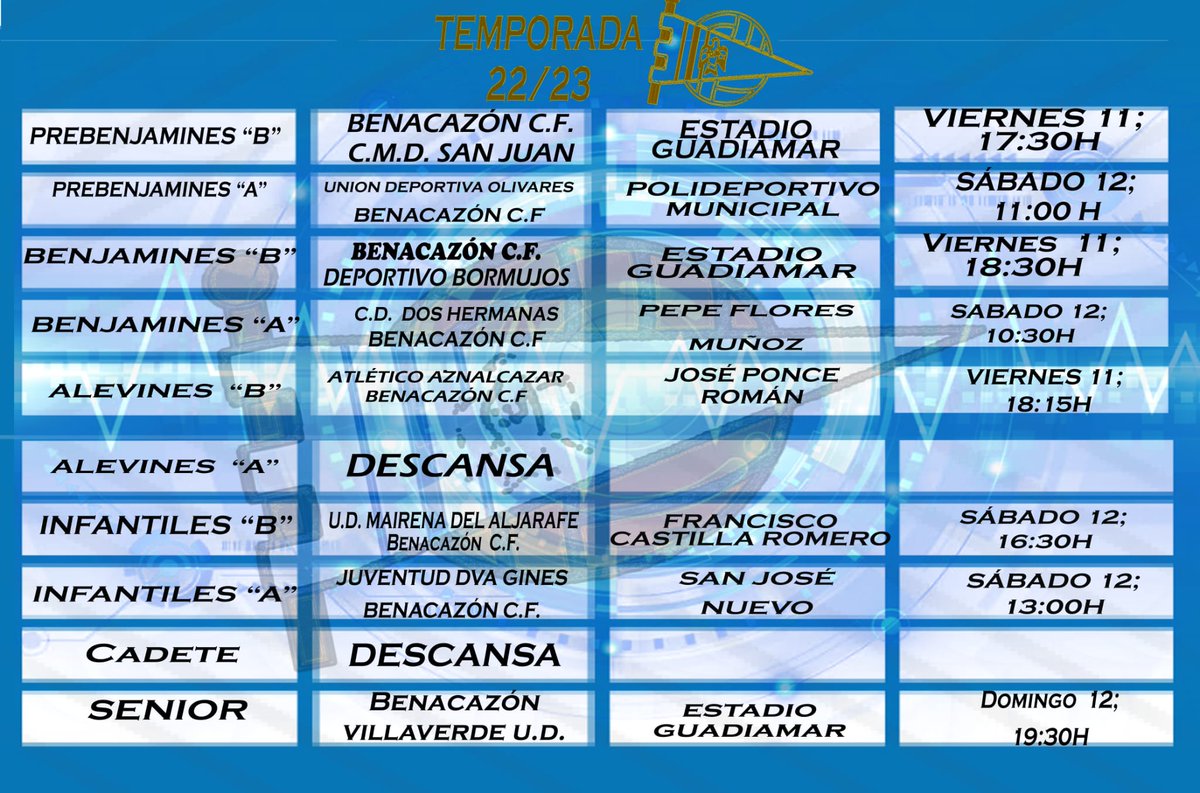 Horarios fin de semana.
En el partido del equipo senior hay un error en el día, es el Sabado 12, a las 19:30.