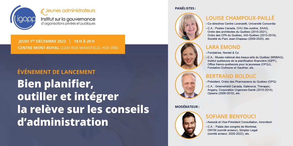 Comment bien planifier la relève sur les C.A. ? Le 1er décembre, pour s'inscrire : bit.ly/3Uwbnjp 

<a href="/laraemond/">Lara Emond</a> <a href="/Concordia/">Concordia University</a>  <a href="/canadapostcorp/">Canada Post</a> <a href="/SAAQ/">SAAQ</a>
<a href="/SofianeBenyouci/">Sofiane Benyouci</a> @innovitech_mtl <a href="/Palais_Montreal/">Palais des congrès de Montréal</a> 
<a href="/ChuSteJustine/">CHU Sainte-Justine</a> <a href="/mnbaq/">Musée national des beaux-arts du Québec</a> @IQPF <a href="/ofqj_france/">Office franco-québécois pour la jeunesse - France</a> <a href="/OrdrepharmaQc/">Ordre des pharmaciens du Québec</a> <a href="/Galenova/">Galenova</a>