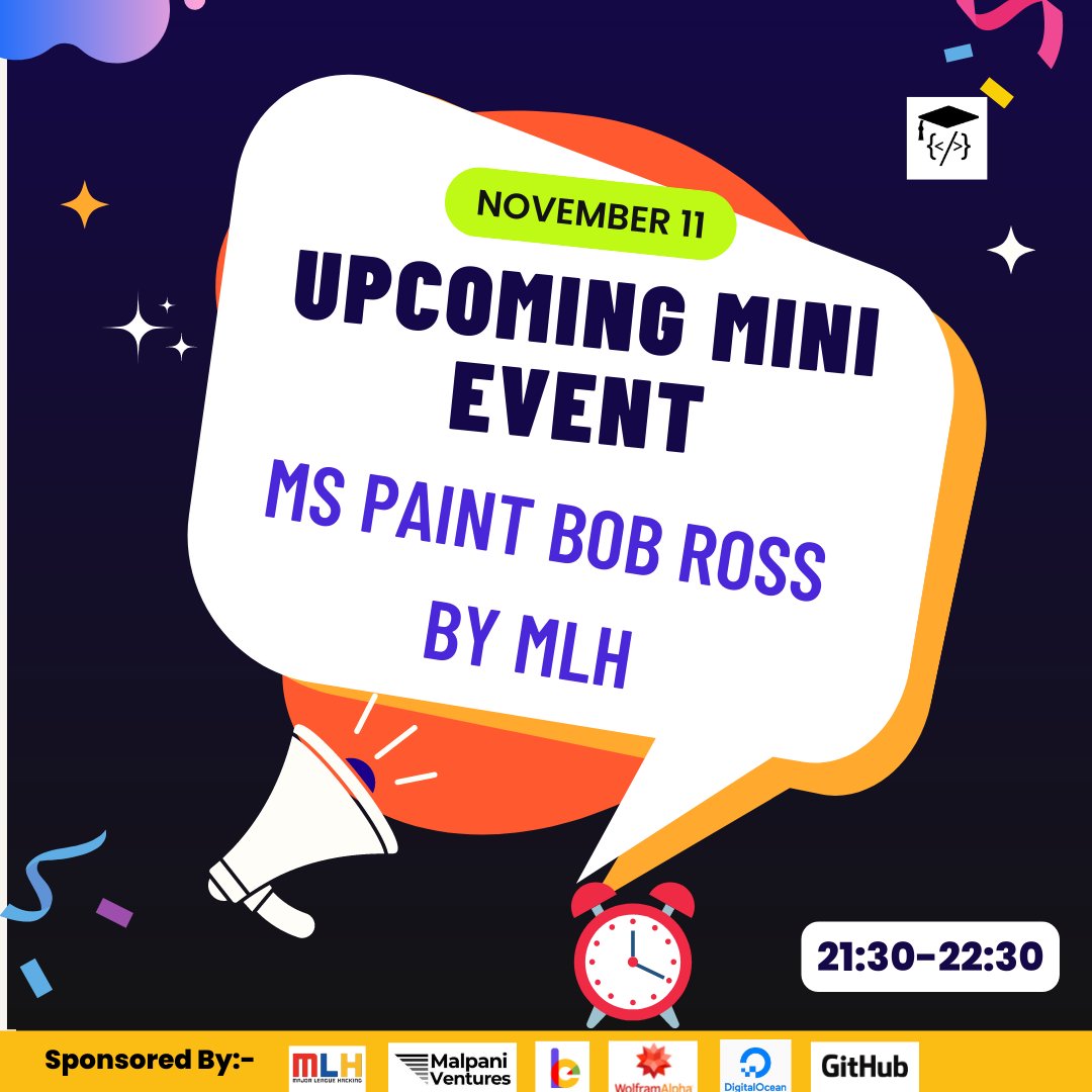 Hack2Educate's tweet photo. Upcoming Mini Event By MLH!
You’ll be watching a Bob Ross video alongside hackers and creating a masterpiece.

Event starts: 9.30 pm
Event ends: 10.30 pm

#hack2educate #hackathon #mlhevent https://t.co/gYqu0kBOlS