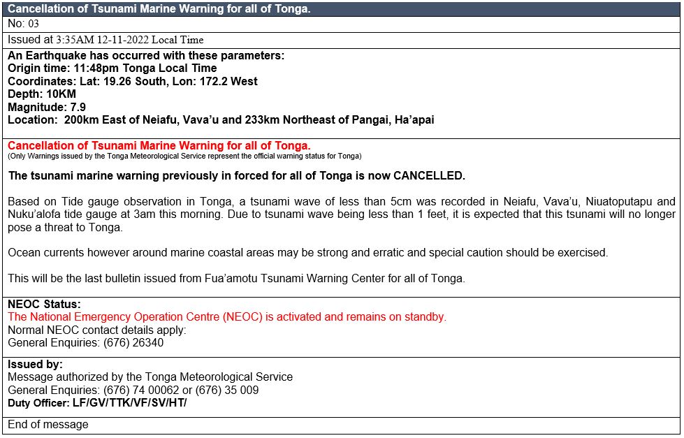 tongaportal's tweet photo. Cancellation of the Tsunami Marine Warning for all of Tonga
https://t.co/6RPhdl2TAz https://t.co/EMi0emBJET