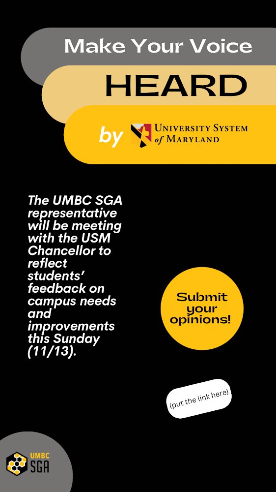 Make your voice heard! The UMBC SGA representative will be meeting with the USM Chancellor to reflect students’ feedback on campus needs and improvements this Sunday (11/13). Submit your opinions through this link: forms.gle/KXG3BuWHPyfPcG…