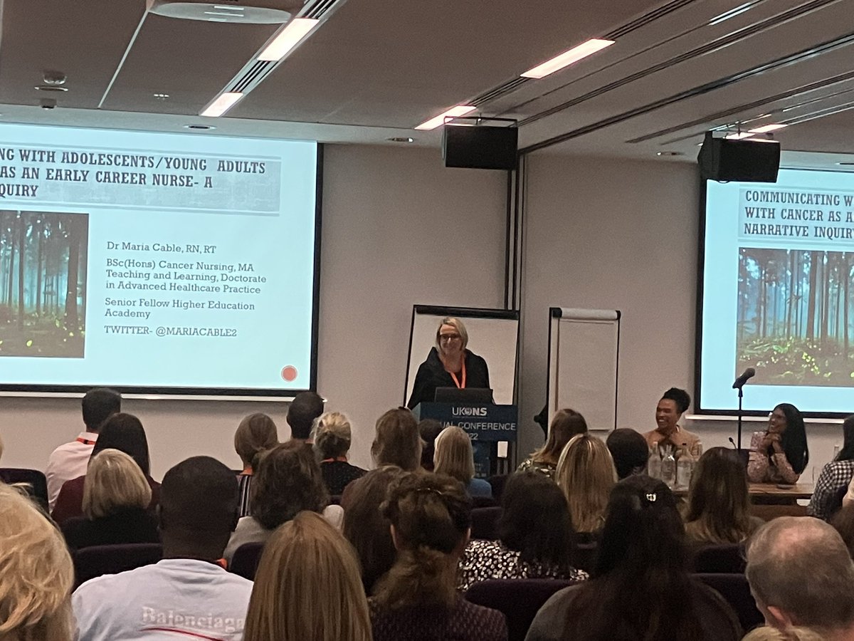 tesswatts15's tweet photo. Lovely to hear  @MariaCable2 present @ #UKONS2022 from her doctoral work focusing on adolescents and young adults with cancer - &amp; the work of the early career nurses at the bedside #storied #conversations #triadiccommunication #AYACancerNursing #greatpresentation 🙌🏻 https://t.co/fr4X3O8KRb