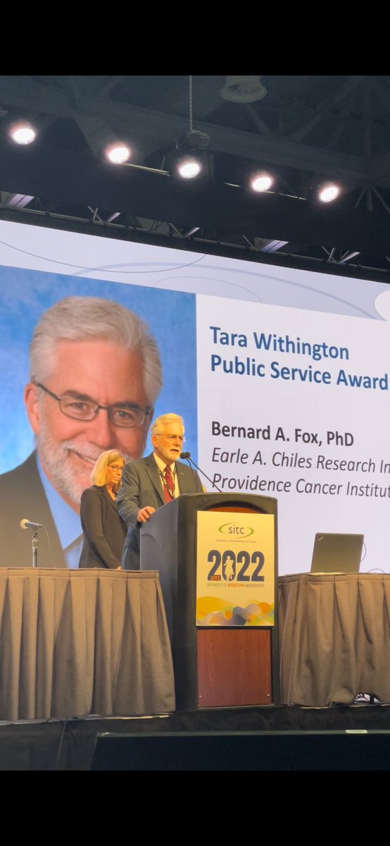 rbryanbell's tweet photo. Congratulations to my friend, colleague &amp; mentor, ⁦@BernardAFox⁩, recipient of the ⁦@sitcancer⁩ Tara Withington Public Service Award. There is no one more deserving. Bernie’s passion &amp; steadfast commitment to advancing immunotherapy has been transformational. #SITC22 https://t.co/ZYt7hCqMUQ