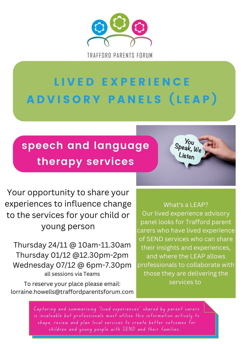 Our lived experience advisory panel looks for Trafford parent carers who have lived experience of SEND services who can share their insights and experiences.

For more information, please click the link below:
trafforddirectory.co.uk/kb5/trafford/f…