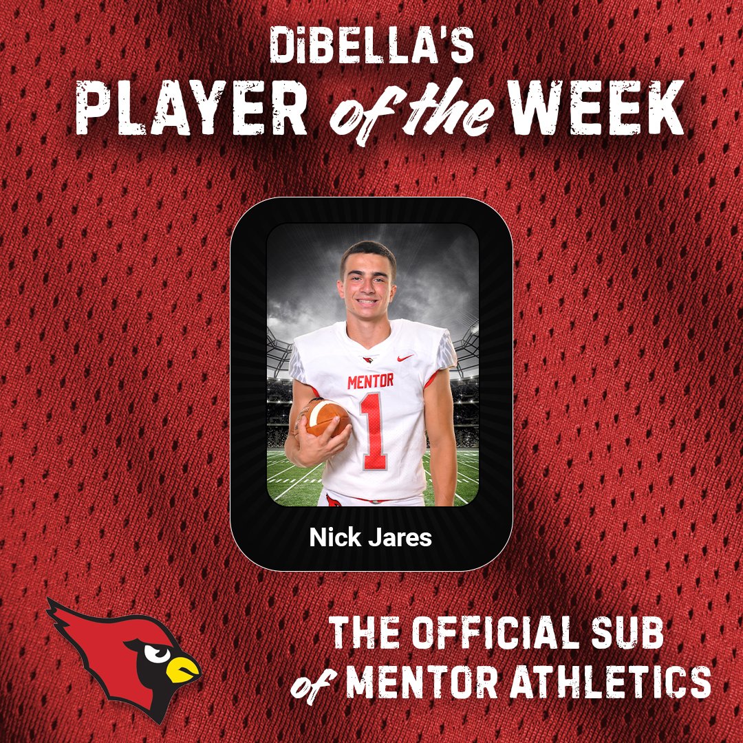 MentorAthletics's tweet photo. Congratulations to our Dibella's Athlete of the week Nick Jares from the football team! Nick's key receptions during the game winning drive vs Canton McKinley including the game winning score make him our athlete of the week! Great job Card! #onceacard #thestandard @DiBellasSubs https://t.co/04iNzOA6NA