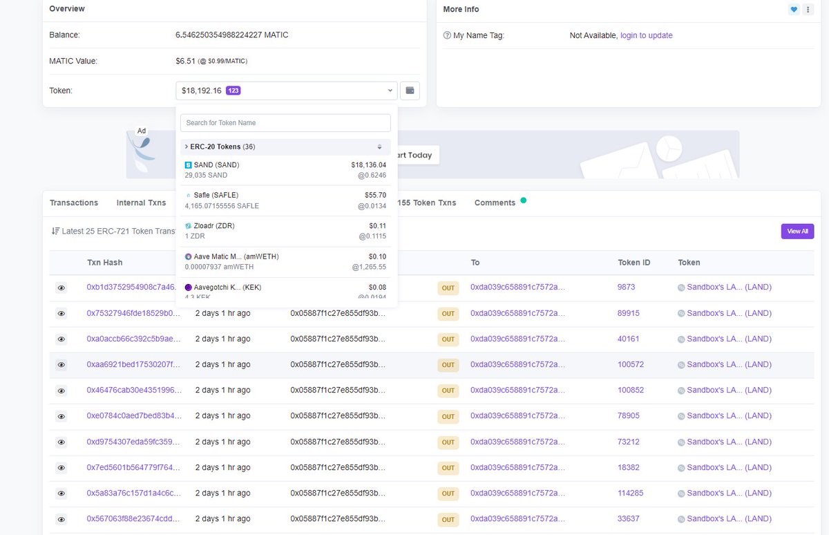 bezmir369's tweet photo. He transferred all of his 132 LAND assets to another address using bots. With same method he bought useless NFTs to guarantee rewards and he started doing that 70 days ago, pretty ironic. Besides Sandbox we noticed that he is related to the Axie Infinity marketplace - seller vgc https://t.co/75yOskErsx