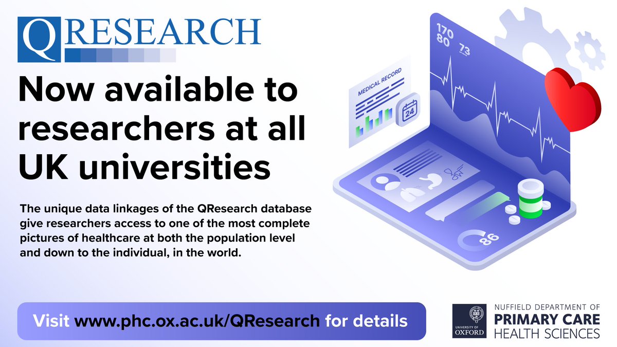 We have some news about QResearch linked data  - following a successful agreement with <a href="/nhsdigital/">NHS England Transformation</a> the linked data is now available to researchers at all UK universities <a href="/QResearchOxford/">@QResearch</a> <a href="/OxPrimaryCare/">OxPrimaryCareSci</a> @EMISHealth <a href="/AlexandraEavis/">Alexandra Eavis</a> 
phc.ox.ac.uk/research/qrese…