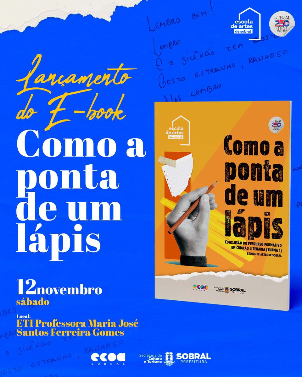 ecoasobral's tweet photo. 📚 ESCOLA DE ARTES | A Secretaria da Cultura e Turismo e o Instituto ECOA convida os familiares e amigos dos alunos(as) da turma de Criação Literária I, da Escola de Arte de Sobral, para o evento de conclusão do percurso formativo. https://t.co/RqZDKCn6S2