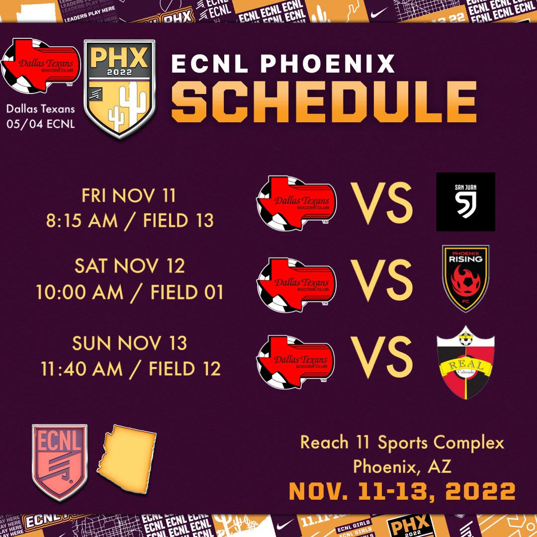 TexansEcnl05's tweet photo. ECNL Phoenix Schedule ⬇️!  We can’t wait to 👀 you on the sidelines!  #TheTexansWay #ECNLPHX #LeadersPlayHere @ECNLgirls @ImCollegeSoccer https://t.co/VKNJaR50gv
