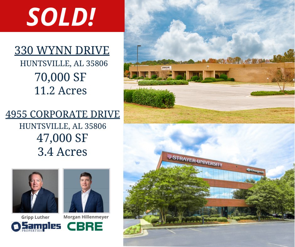 Samples Properties (@samples_hsv) on Twitter photo Recently closed: Two office buildings in <a href="/CRPHSV/">Cummings Research Park</a>! 4955 Corporate Drive (47,000 SF) and 330 Wynn Drive (70,000 SF)
Together, these properties total 117,000 SF of office space and 14.6 acres recently sold in CRP East. Recently closed: Two office buildings in <a href="/CRPHSV/">Cummings Research Park</a>! 4955 Corporate Drive (47,000 SF) and 330 Wynn Drive (70,000 SF)
Together, these properties total 117,000 SF of office space and 14.6 acres recently sold in CRP East.