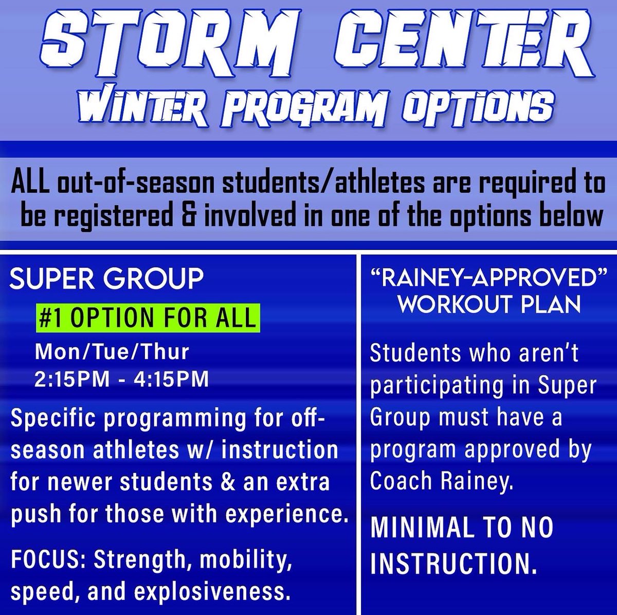 EVHS_Strength's tweet photo. 🗣️Spread the word🗣️
®️Register by 11/21/22®️

Your registration helps w/ equipment &amp; knowledgeable coaches!

1) SUPER GROUP
Mon/Tue/Thu 2:45-4:15

2) “I HAVE A PLAN AND IT’S RAINEY APPROVED”
Winter is busy and super groupers and in-season teams have priority of our spaces. https://t.co/YdKoE86DGe