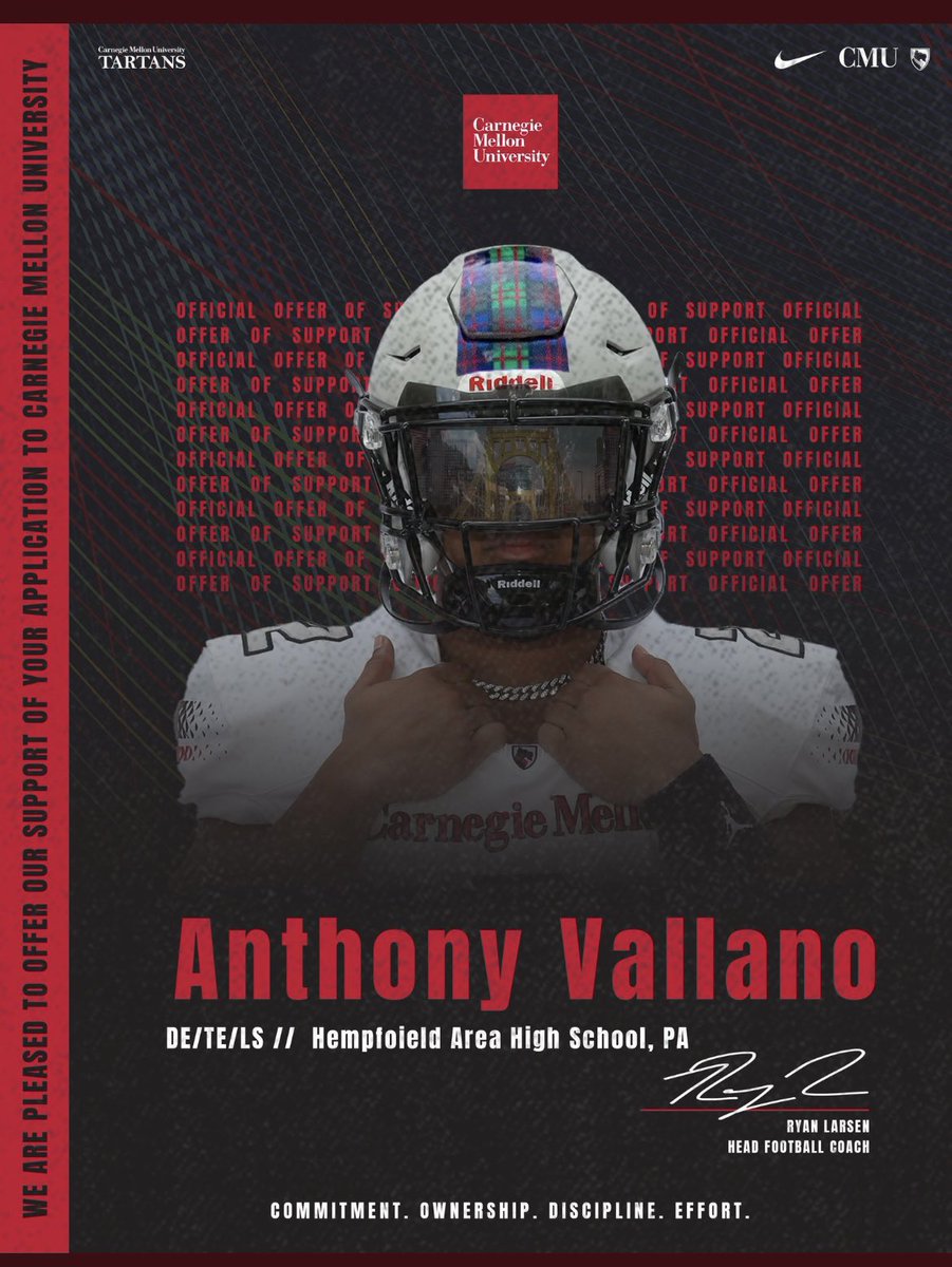Anthony Vallano (@vallanoanthony) on Twitter photo Very grateful to receive an offer from Carnegie Mellon University! Thank you <a href="/coachfloppy/">Jeff Simmons</a> for this amazing opportunity.
<a href="/TartanFB/">Carnegie Mellon Football</a> <a href="/CoachRyanLarsen/">Ryan Larsen</a> @CoachMBrownHAFB <a href="/HempfieldAreaFB/">Hempfield Area Football</a> Very grateful to receive an offer from Carnegie Mellon University! Thank you <a href="/coachfloppy/">Jeff Simmons</a> for this amazing opportunity.
<a href="/TartanFB/">Carnegie Mellon Football</a> <a href="/CoachRyanLarsen/">Ryan Larsen</a> @CoachMBrownHAFB <a href="/HempfieldAreaFB/">Hempfield Area Football</a>