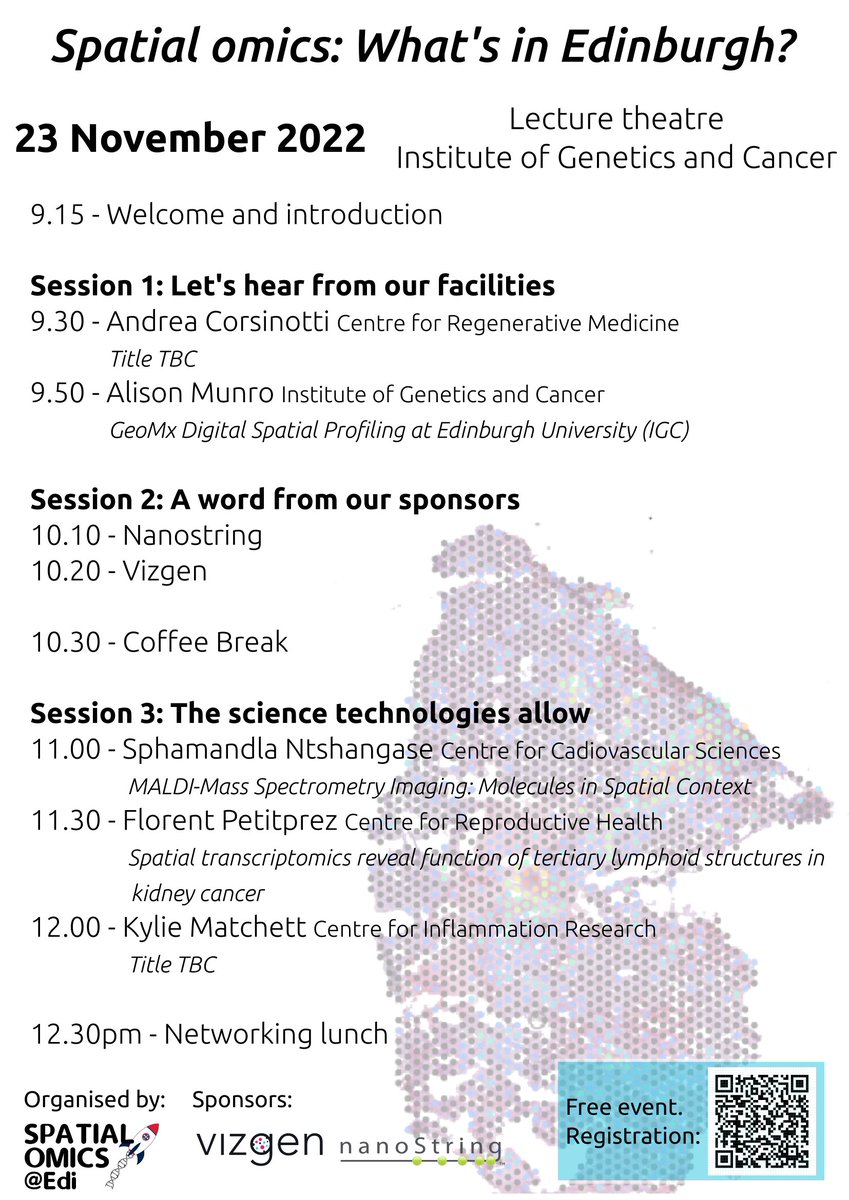 SpatialOmicsEdi's tweet photo. On 23rd November, we are organising our second workshop, centered around what is available in Edinburgh and what Edinburgh-based researchers are achieving using spatial omics.
Registration for in-person (priority for UoE researchers) / online attendance: https://t.co/HN457IVq9o https://t.co/6hjVjRivUS