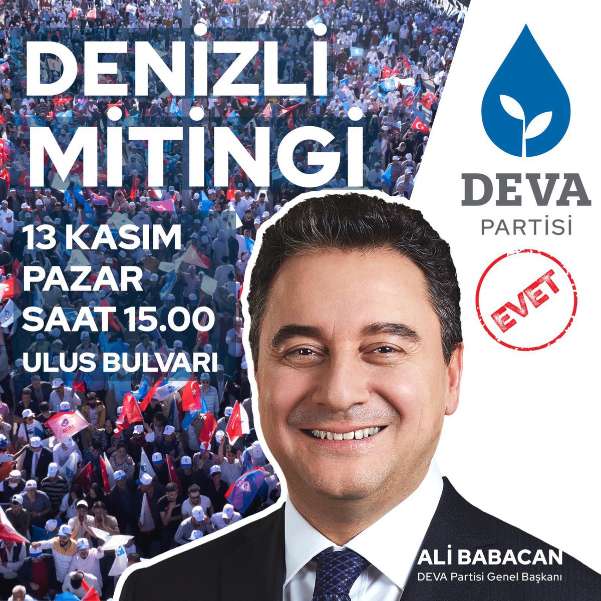 Ege’de buluşuyoruz. 

Yeni mitingimiz Denizli’de!

Demokrasi yolculuğumuza eşlik etmek isteyen tüm Denizlili hemşehrilerimiz mitingimize davetlidir.

🗓13 Kasım Pazar
🕰15.00
📍Ulus Bulvarı

#DenizliMitingi