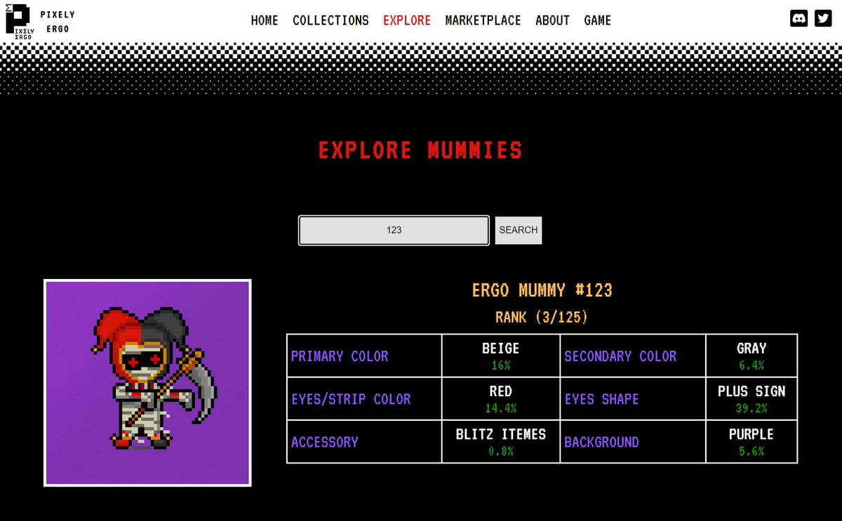 PixelyErgo's tweet image. Ergo Mummies rarities and ranks are live now on the explore page in our website, check it out 🥳 
Explore page link: pixelyergo.com/explore/

#PixelyErgo #Ergo #ErgoMummies #EoPE #Ergonauts