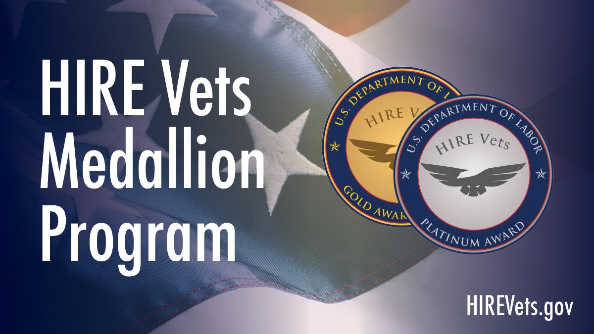 The #HIREVetsMedallion Award is earned by businesses that demonstrate unparalleled commitment to attracting and retaining veterans. We're proud to have been recognized by <a href="/USDOL/">U.S. Department of Labor</a> as a 2022 recipient.
