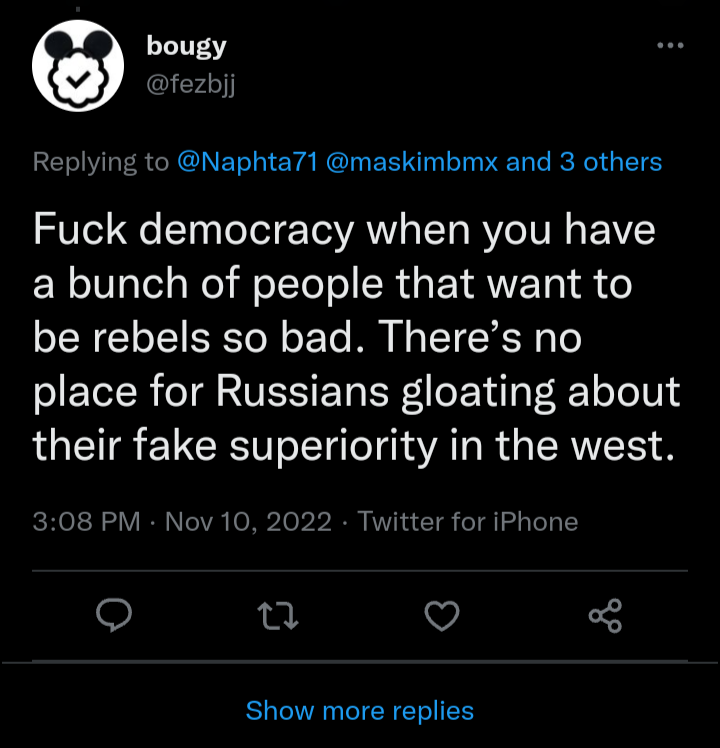 left_nomore's tweet photo. @sedmi_ @KimDotcom Democracy? Huh! Look how this democratic extremist fs himself to prove Kim is pro Russian!
https://t.co/1d1FoC1wba https://t.co/vsGmpYSP2j