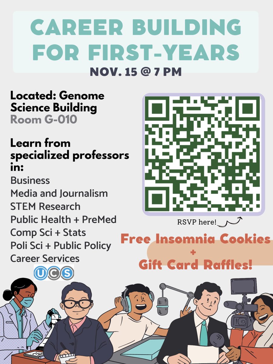 Attention UNC Freshmen📢this event is for you! 

Career Building Event: Nov 15 @ 7PM Genome Science Bldg G-010

Join UCS and Student Government to build professional resumes and meet faculty in your department to discover what you can do with your major! RSVP with QR code below.