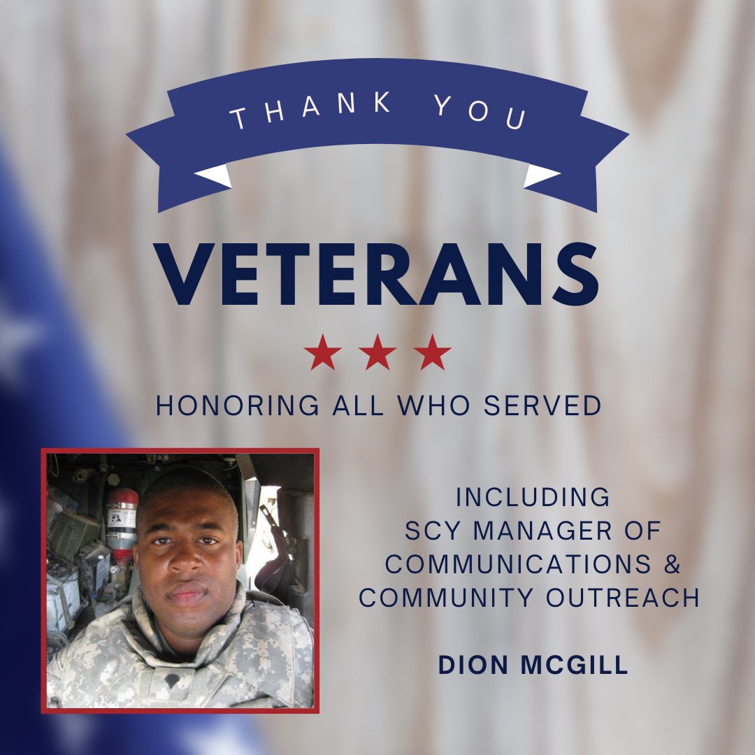 SCY_Chicago's tweet photo. Today, we take time to show our gratitude and appreciation to all those who have served our country, including SCY's Manager of Communications and Community Outreach, Dion McGill. Thank you all!
#veteransday #scychicago #HappyFriday #appreciation https://t.co/LQRhUSVJNy