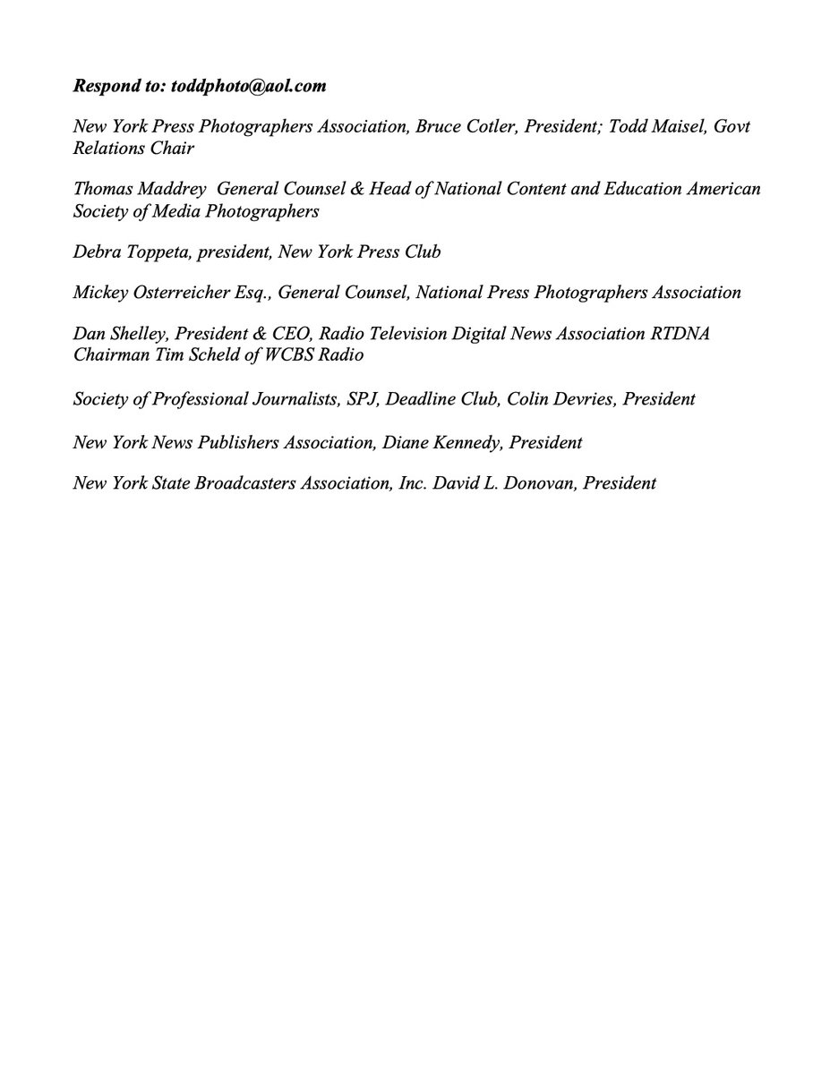 ToddMaisel's tweet photo. a letter sent to #julianPhillips @nypdnews - signed by 8 orgs, requests a meeting w/ @NYPDPC to discuss issues of vital importance to NYC media. @TheNYPPA @nppalawyer @asmp @RTDNA @NYPressClub @SPJ @NYSBroadcasters #NYNewsPublishersAssociation - https://t.co/4qBrMu79SF