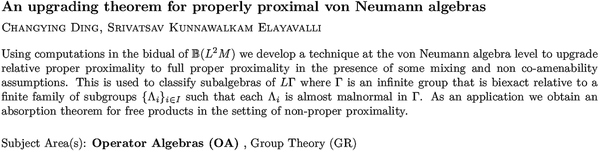 arxiv.org/abs/2211.05298…
C Ding, S K Elayavalli
An upgrading theorem for properly proximal von Neumann algebras
