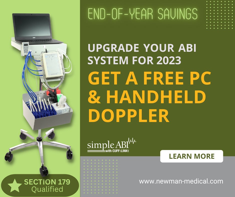 NewmanMedical's tweet photo. There's still time to #upgrade your diagnostic equipment & take advantage of our year-end #simpleABI #promotion. #ABI systems that are installed & in service before 12/31/22 are eligible for additional savings with #Section179 tax deductions. Learn more: https://t.co/3WwqdBuUAi https://t.co/ypmVikiWZD