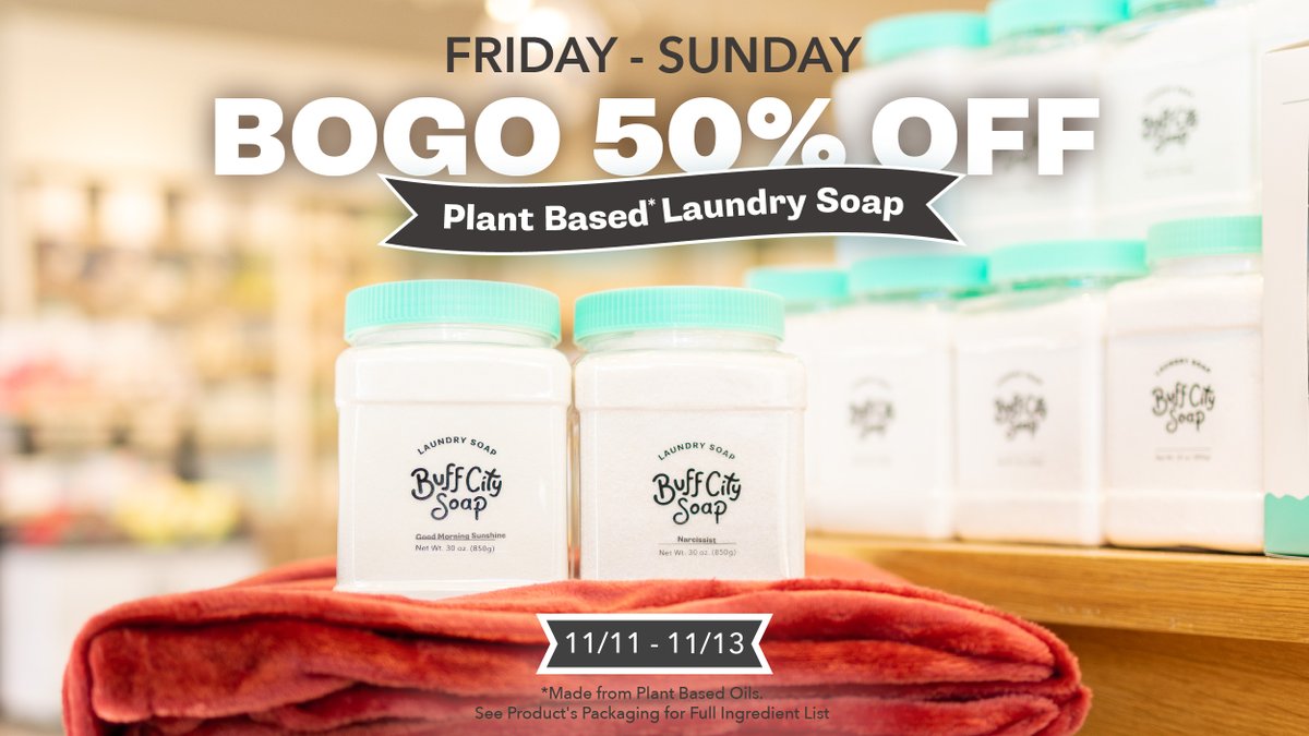 BOGO 50% Off Laundry Soap: Happy Veterans Day! 🪖
Buy one handmade Laundry Soap 🤲 &amp; get the second tub HALF OFF this weekend only! 

Sale valid in stores and online Nov 11-13. Hours &amp; Sales may vary by location.
#veteransday #laundry #plantbasedlaundry #smellwonderful #bogo