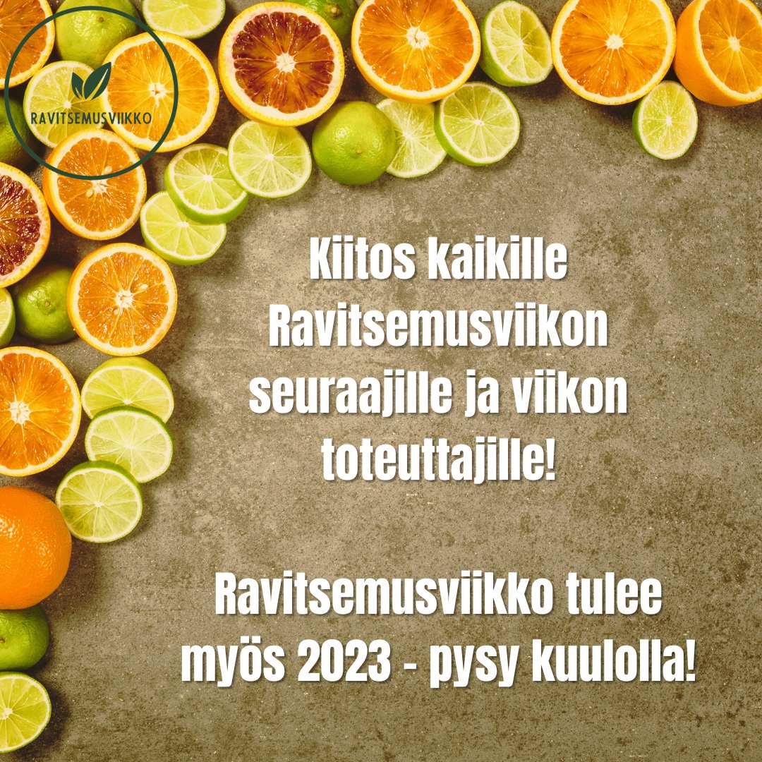 Kiitämme kaikkia #ravitsemusviikko seuraajia! Kiitos, että osallistuit viikkoon! Ravitsemusviikko palaa asiaan ensi vuonna! Iso kiitos myös Ravitsemusviikon tiimille <a href="/meheikkila/">Maria Heikkilä</a> <a href="/HennaVepsalaine/">Henna Vepsäläinen</a> <a href="/JadeLiikkanen/">Jade Liikkanen</a> <a href="/raty_anni/">Anni Räty</a> <a href="/KirsiEnglund/">Kirsi Englund</a> <a href="/KatjaHatonen/">Katja Hätönen</a> <a href="/salla_kinnunen/">Salla Kinnunen</a> Heta &amp; Aino