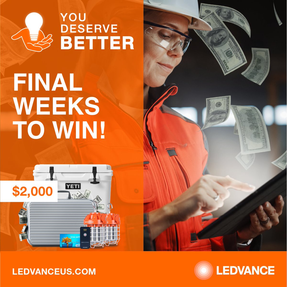 Contractors, we are in the final lap! Register before it’s too late to participate in our giveaway to win amazing prizes such as #LEDVANCE work lights, Yeti Coolers, gift cards 💳, and $2,000 💰 in cash! 

#YouDeserveBetter, so don’t miss out! ⬇️
bit.ly/3hAEuU7