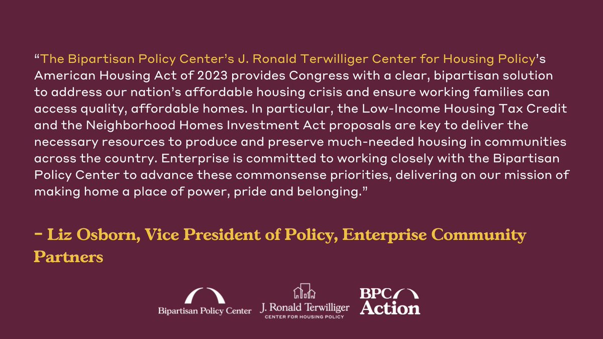 <a href="/BPC_Bipartisan/">Bipartisan Policy Center</a>’s American Housing Act of 2023 “provides Congress with a clear, bipartisan solution to address our nation’s affordable housing crisis and ensure working families can access quality, affordable homes.” - <a href="/EnterpriseNow/">Enterprise Community Partners</a>’s VP of Policy <a href="/Liz_Osborn/">Liz Osborn</a>