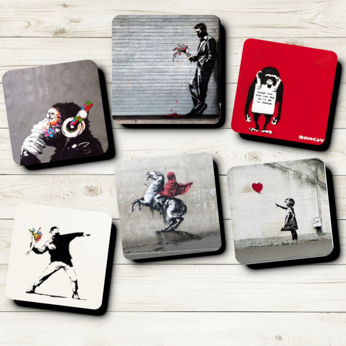 Excited to share the latest addition to our #etsy shop: Banksy inspired 6 Coaster Set, street graffiti, funky art, cool barware, housewarming gift #housewarming #barware #homeware etsy.me/3tnniUH