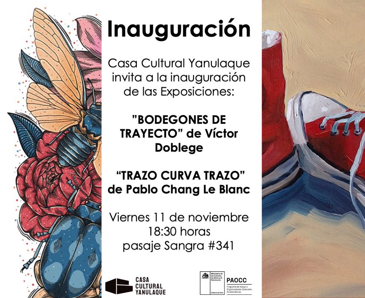 Hoy inauguramos las últimas exposiciones de este 2022

Les esperamos a las 18:30 horas en nuestro espacio ubicado en Sangra 341.

Estamos felices de exhibir las obras de:
🔹 BODEGONES DE TRAYECTO de Víctor Doblege
🔹 TRAZO CURVA TRAZO de Pablo Chang LeBlanc 

<a href="/culturas_cl/">Ministerio de las Culturas</a> #Arica